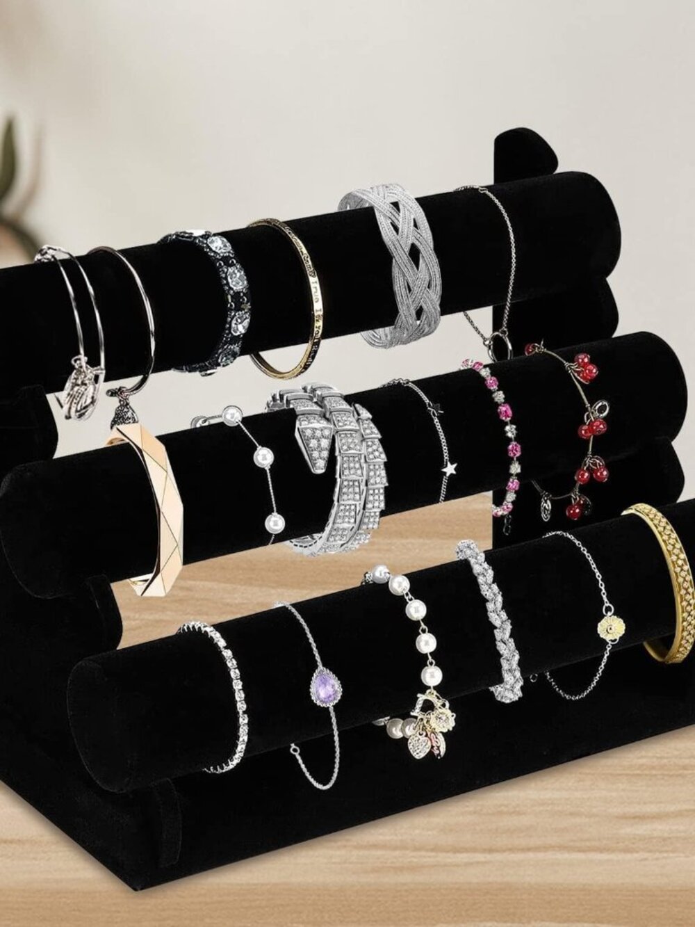 Velvet Bracelet Holder with 3 Tier Rack, Black Detachable Jewelry Display Stand - Picture 7 of 7